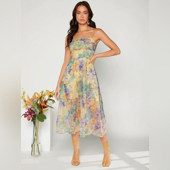 SHEIN NWT Size 6 (Medium) Floral Print Water Color Sheer Overlay Cami Midi Dress - Picture 5 of 6